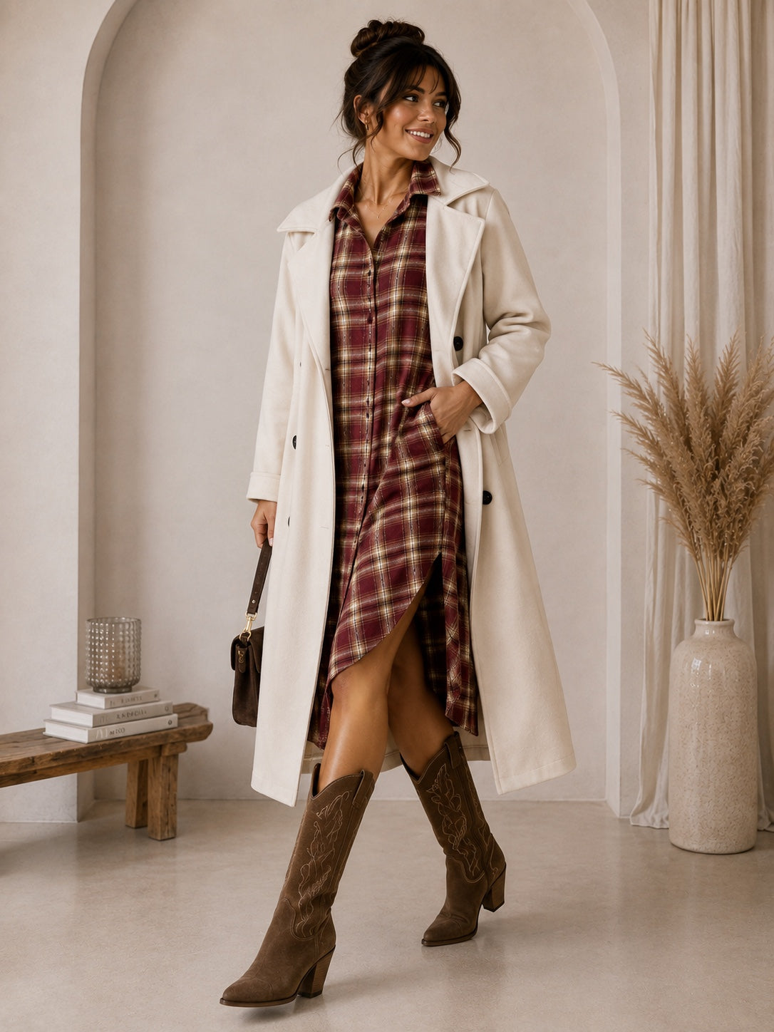 Chemisier long Amelia à carreaux bordeaux - idée look