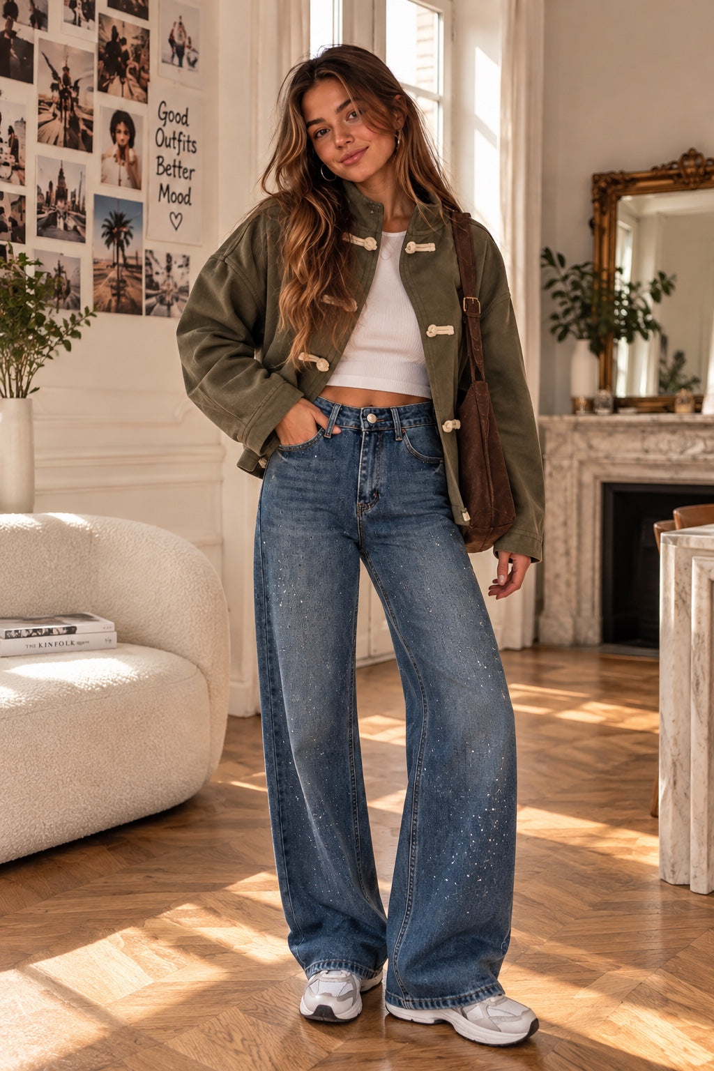 Jeans Shana denim bleu à strass porté, silhouette entière