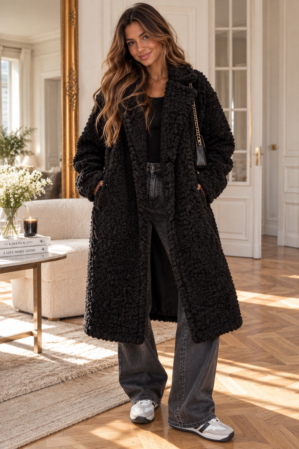 MANTEAU APOLLINE noir long doublé, vue de face