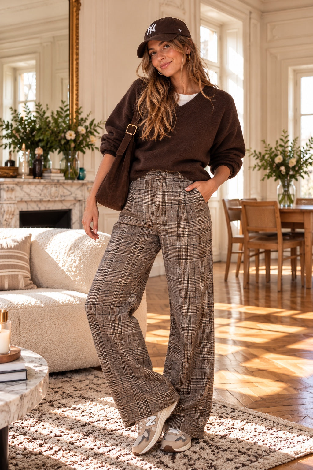 Pantalon Constance à carreaux marron et beige, silhouette de face