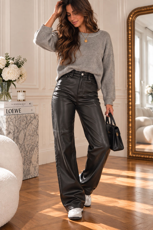 Pantalon HÉLOÏSE en simili-cuir noir - vue de face