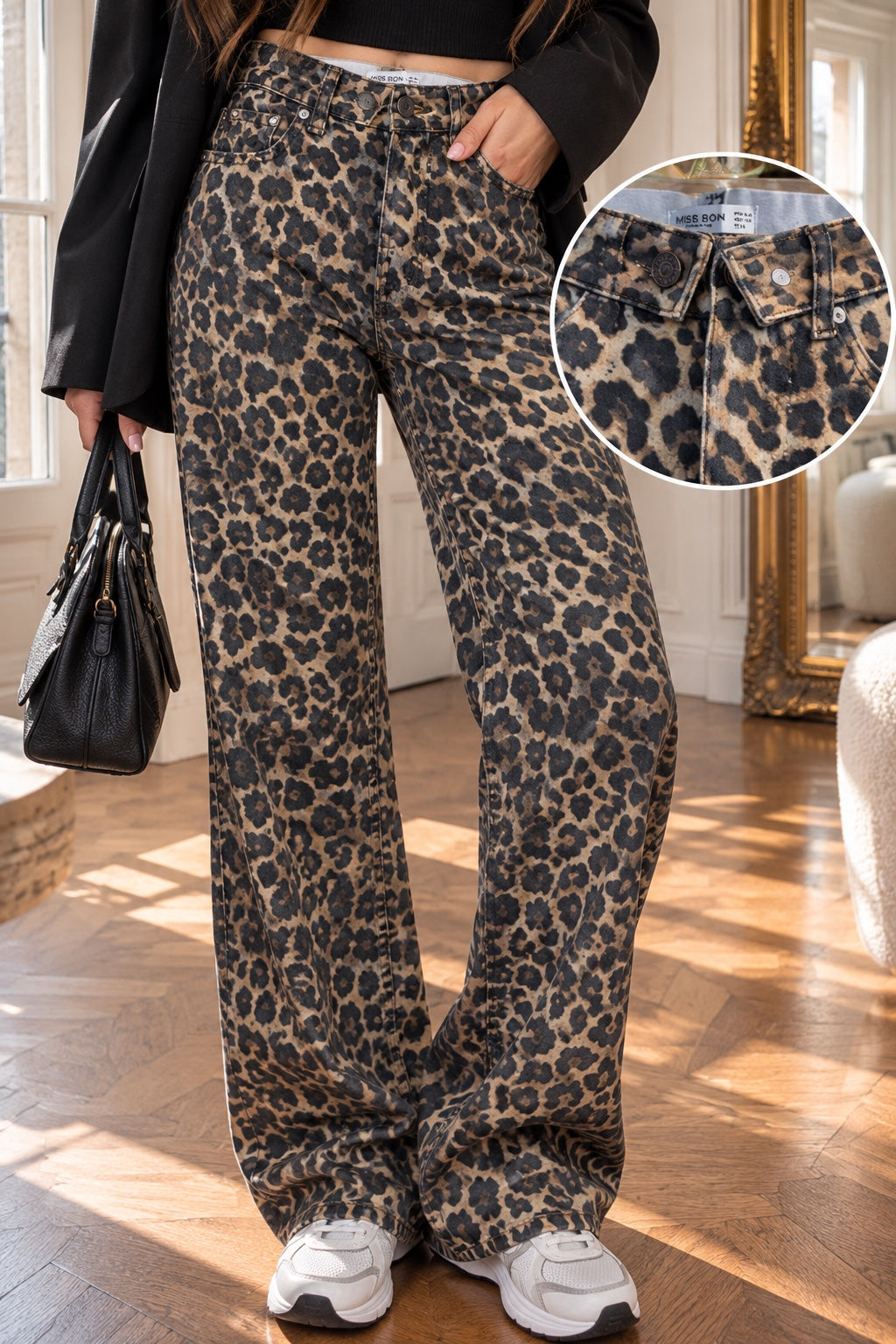 Détails du pantalon Luna imprimé léopard, taille haute et poches