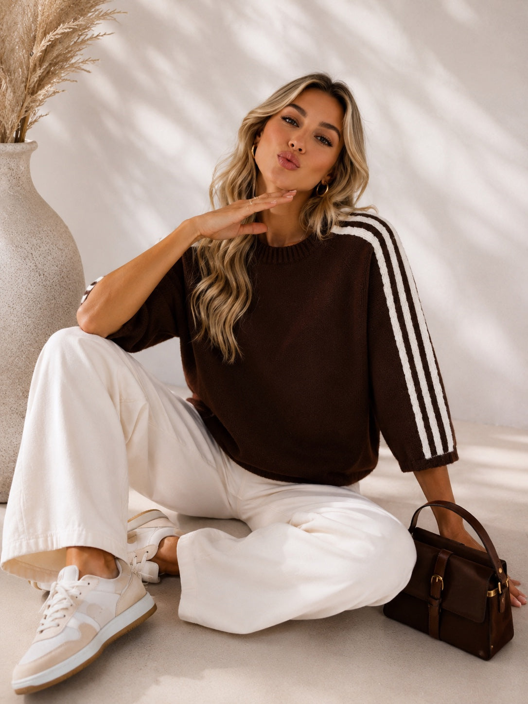 Pull Ambre brun à bandes écrues