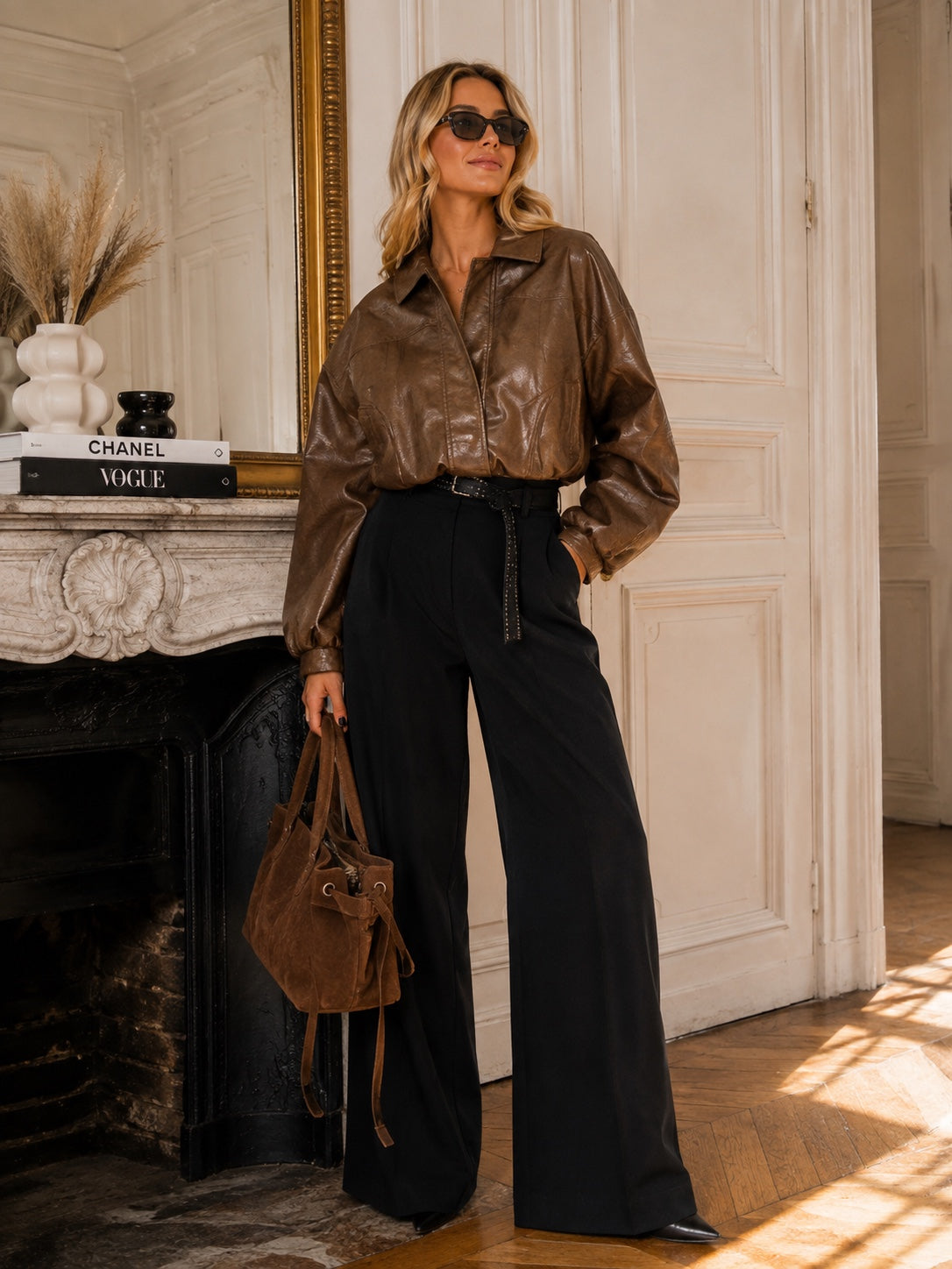 VESTE ANA en simili cuir marron - vue portée de face
