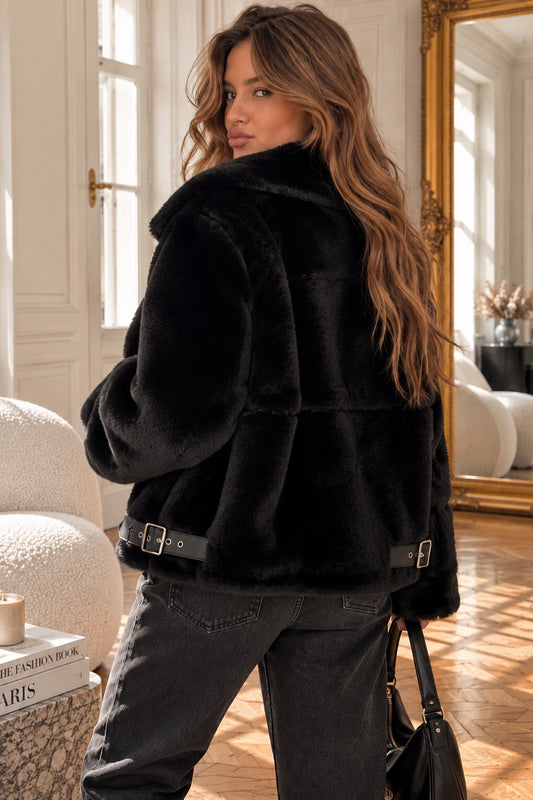 Veste Romy noire en fourrure synthétique, dos